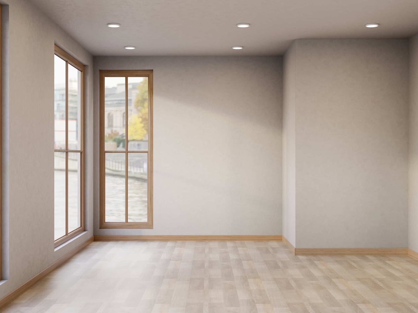 An empty room with a large window before the scheme