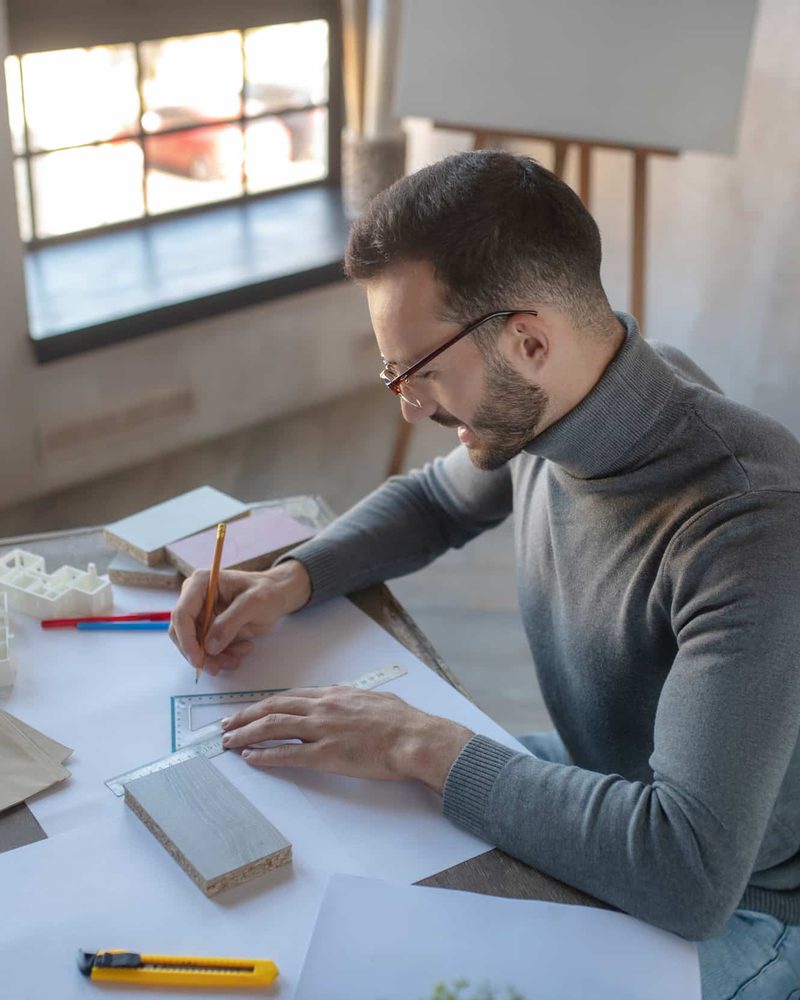 Marcus drawing a plan at his desk