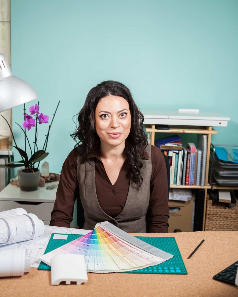 Nadia at her desk in the studio